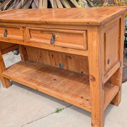 Solid pine wood entry table farmhouse Spanish country mission style stand with two drawers please read