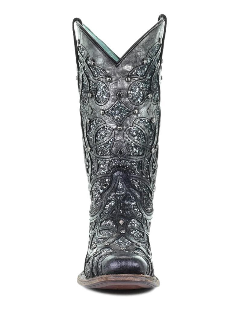 Corral Western Boot Womens Square Glitter Inlay 7.5 M Black Gray C3404