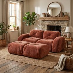 Aven 80" Modular Velvet Cloud Loveseat Sofa with 2 Ottomans and Curved Armrests