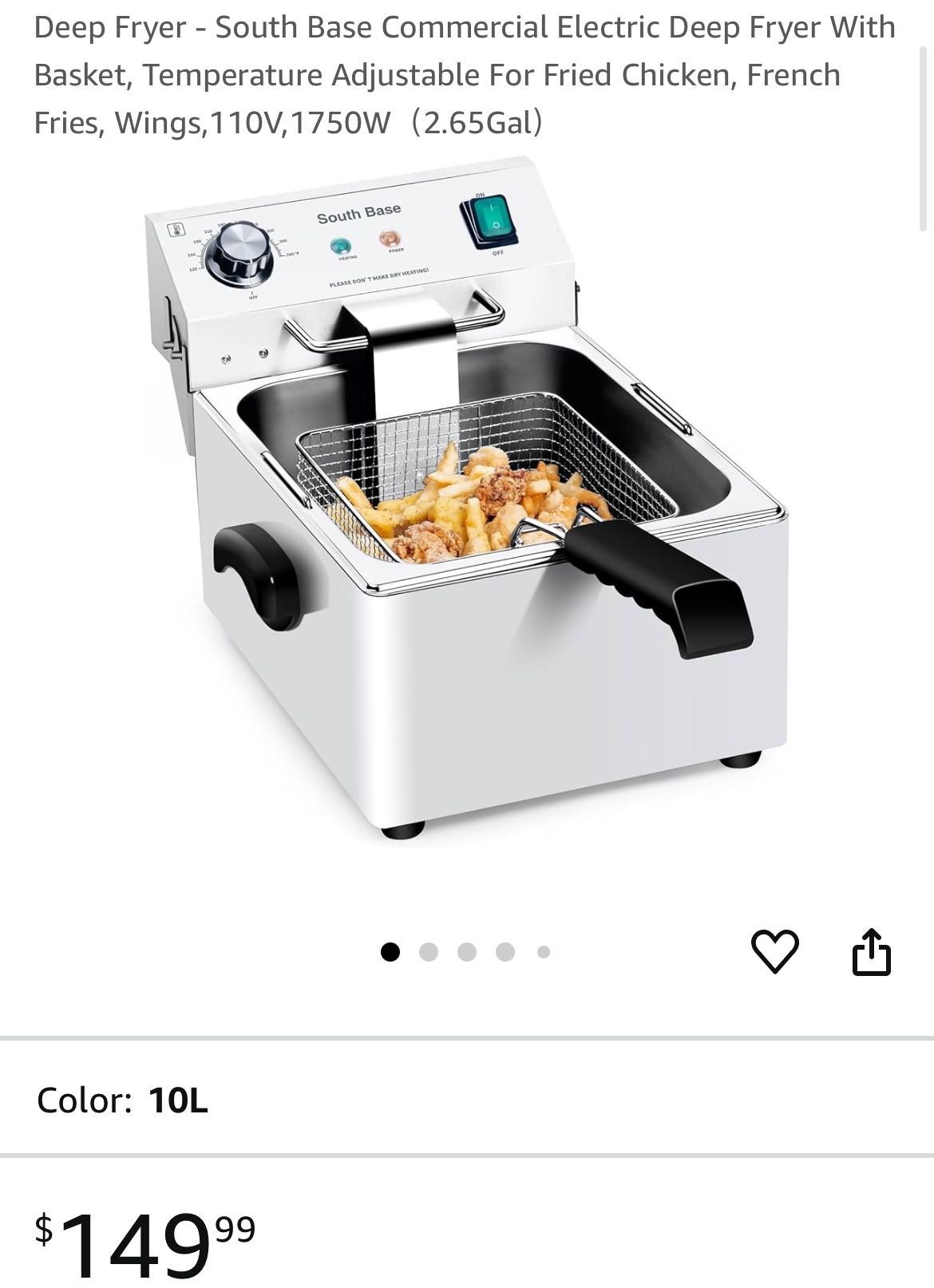 Deep Fryer - South Base Commercial Electric Deep Fryer With Basket, Temperature Adjustable For Fried Chicken, French Fries, Wings,110V,1750W（2.65Gal）