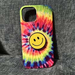 Tie dye iPhone case with smiley pop socket