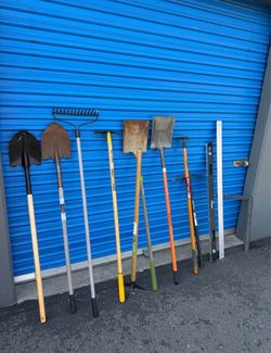 12 Garden & Landscaping Tool Lot - Shovels, Rake, Pickaxes, Husky Level & More