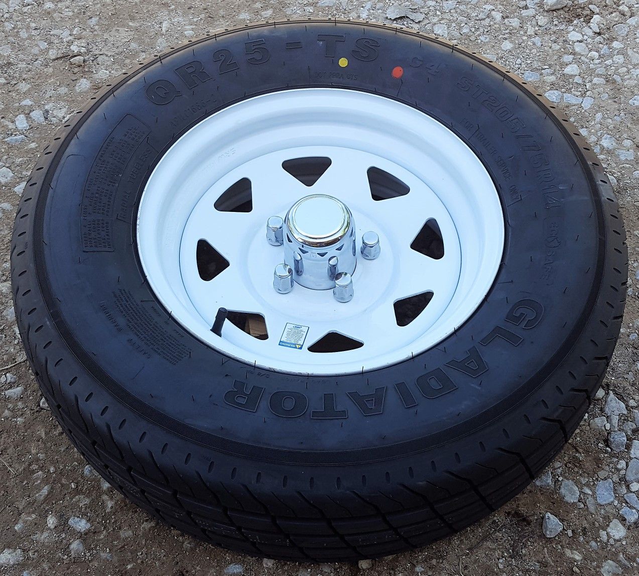 14" Gladiator Trailer Tire 2057514D 14x5.5 5 Lug White Spoke Wheel