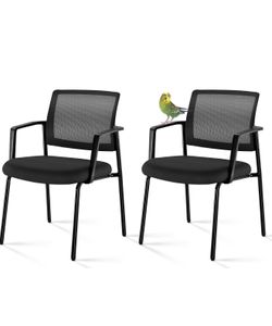 Stacking Arm Chairs Set of 2 Black Mesh Back Upholstered Fabric Metal Frame Indoor Outdoor
