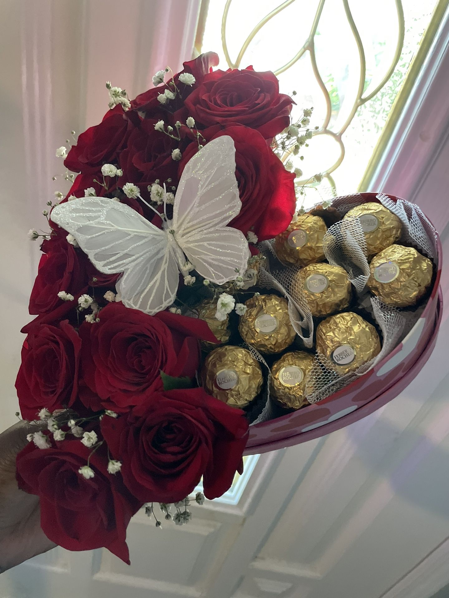 A dozen roses & Ferrero Chocolate Candy 