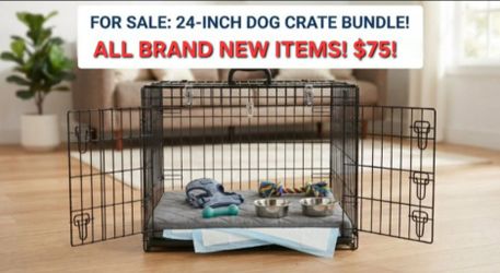 Brand new 24" pet Bundles / package with bowls, crate, bed, harness, leash, toys, pee pads ALL NEW jaula de mascota / crate alone $40