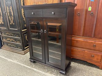LIGNA FURNITURE Dark Wood Glass Door Storage Cabinet w/ Reversible Wine Rack Shelves