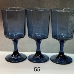 (10) Piece Vintage Lot Of LIBBEY Facets Dusky Blue Glasses, Octagon/Paneled & Textured. (3) Stemmed  juice 8oz. & (7) Cooler Glass Tumblers 16oz. 