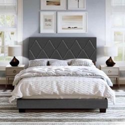 Diamond Upholstered Linen Platform Bed, Twin, Black 