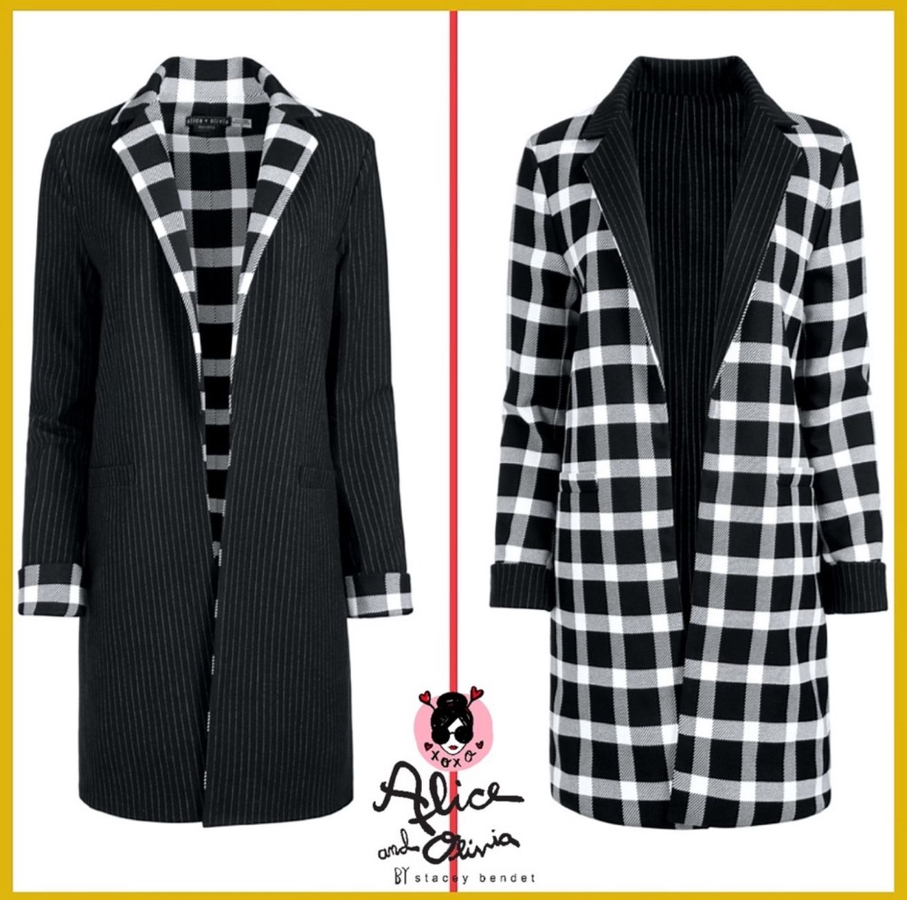 Alice + Olivia Kylie Notch Collar Black White Stripe Plaid REVERSIBLE Blazer Jacket SIZE SMALL