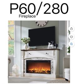 P60🔥Farmhouse TV Stand Electric Fireplace with Mantel, 52 inch Entertainment Center w/36 Electric Fireplace & Sime-Open Cubby & Open Bottom for Livin
