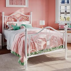 Twin Size Bed Frame for Kids,Metal Bed Frame with Butterfly Pattern Design Headboard & Footboard,No Box Spring Needed,Easy Assembly,White