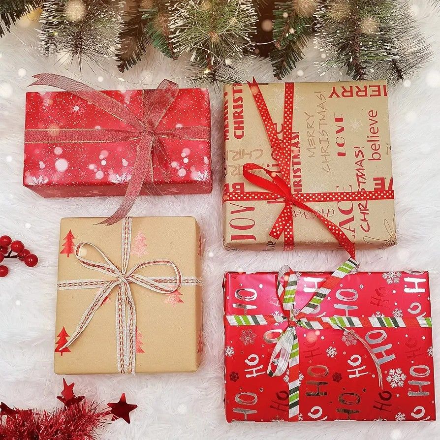 Wrapping Paper, 4 Rolls of Red Christmas Birthday Wrapping Paper. Includes Christmas Tree, Snowflake, Merry Christmas, HO HO HO Elements. Includes Dec