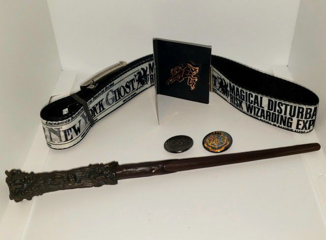 lot of Harry Potter/ Fantastic Beasts belt, wand, and 3 pins Wizarding world
