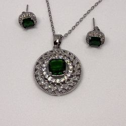 Emerald Green Zirconia Silver Necklace Earring Set-Stud Earring Pendant Set Gift