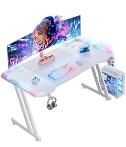 White L-Shaped Gaming Desk with RGB Lights