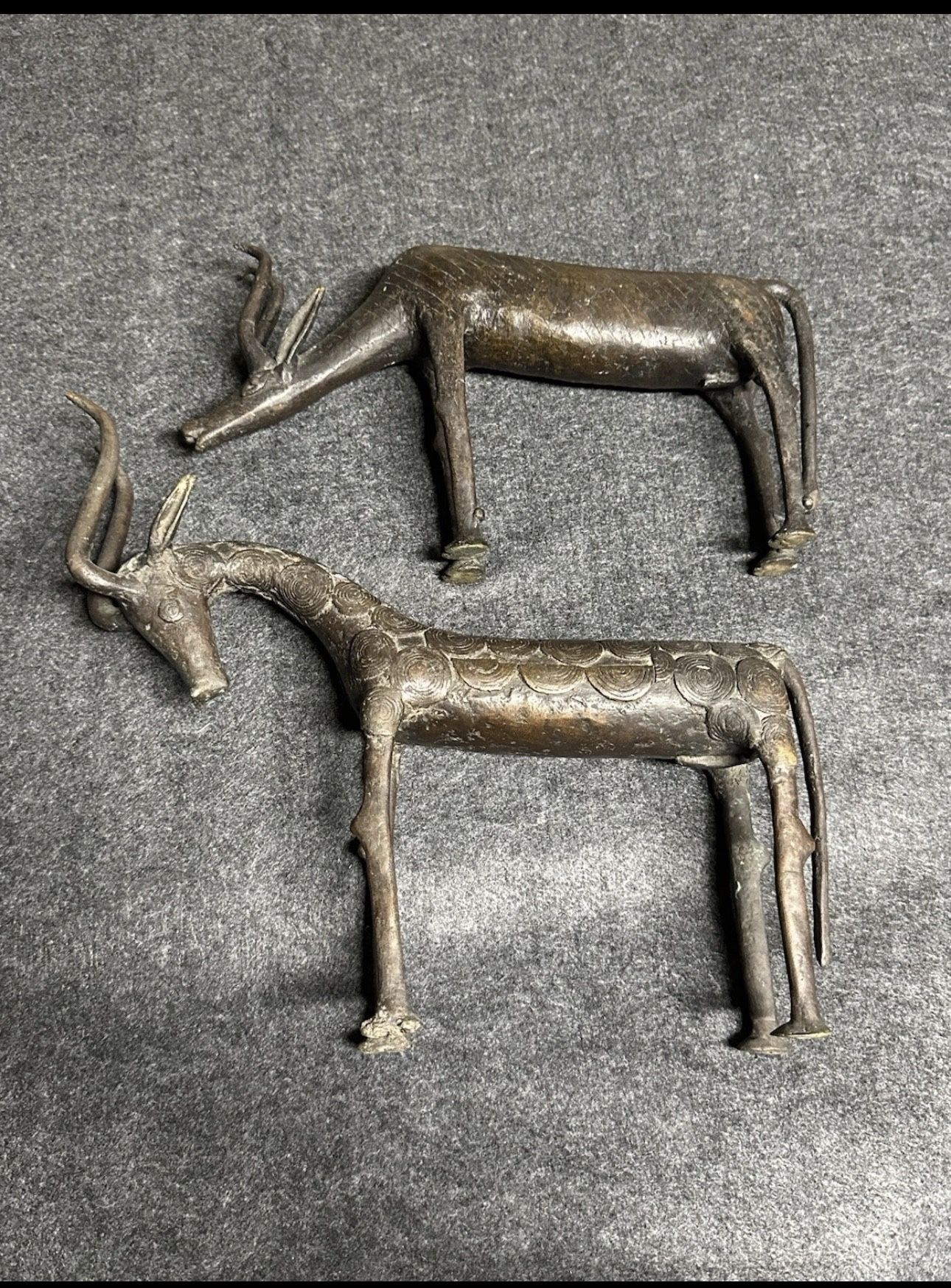 Pair West African Lost Wax Cast Solid Bronze Antelope Sculptures 14” Heavy