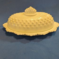 Fenton White Milk Glass Hobnail Butter Dish With Cover, Scalloped Edges 
