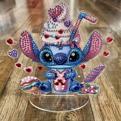 Stand Up Diamond Art Painting Table/Desk Top Ornament, Single Sided Standing Crystal Rhinestone Bedroom Nursery Decor, Stitch with Candy Sweets Hearts