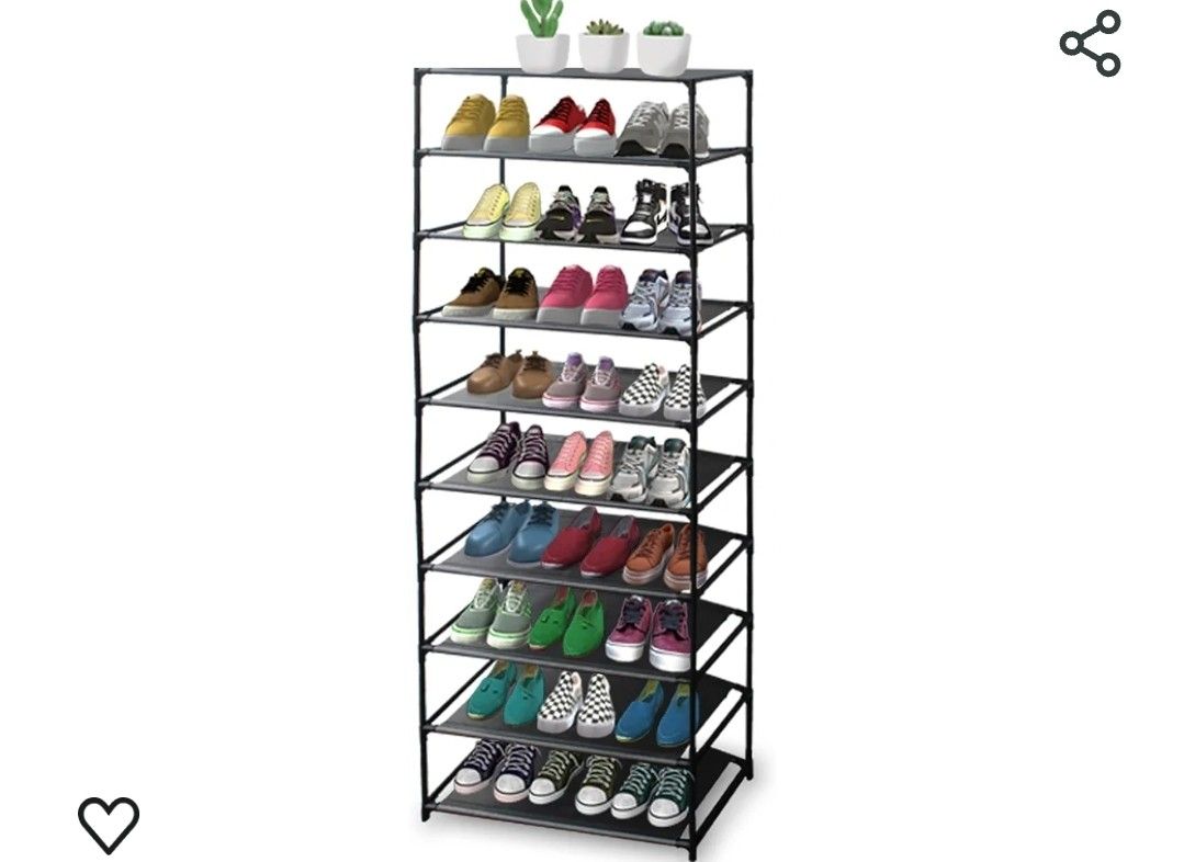 
10 Tiers Tall Shoe Rack, Holds up to 30 Pairs, Sturdy Shoe Shelf Shoe Storage Organizer, Metal Frame, Non-Woven Fabric, Easy Assembled Free Standing 