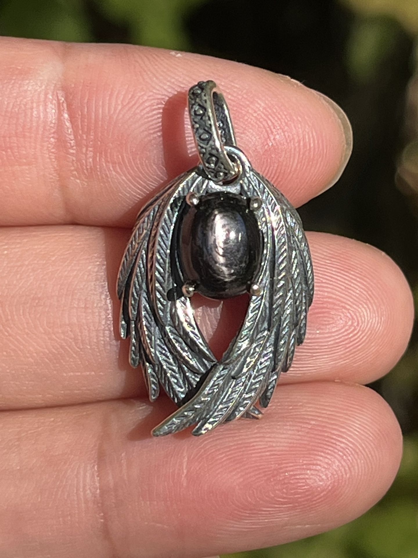Sterling Silver 925 Stamped Hypersthene Wing Pendant 
