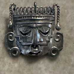 Vintage Sterling Silver Mexico Aztec Warrior Mask Brooch 1.25” X 1”