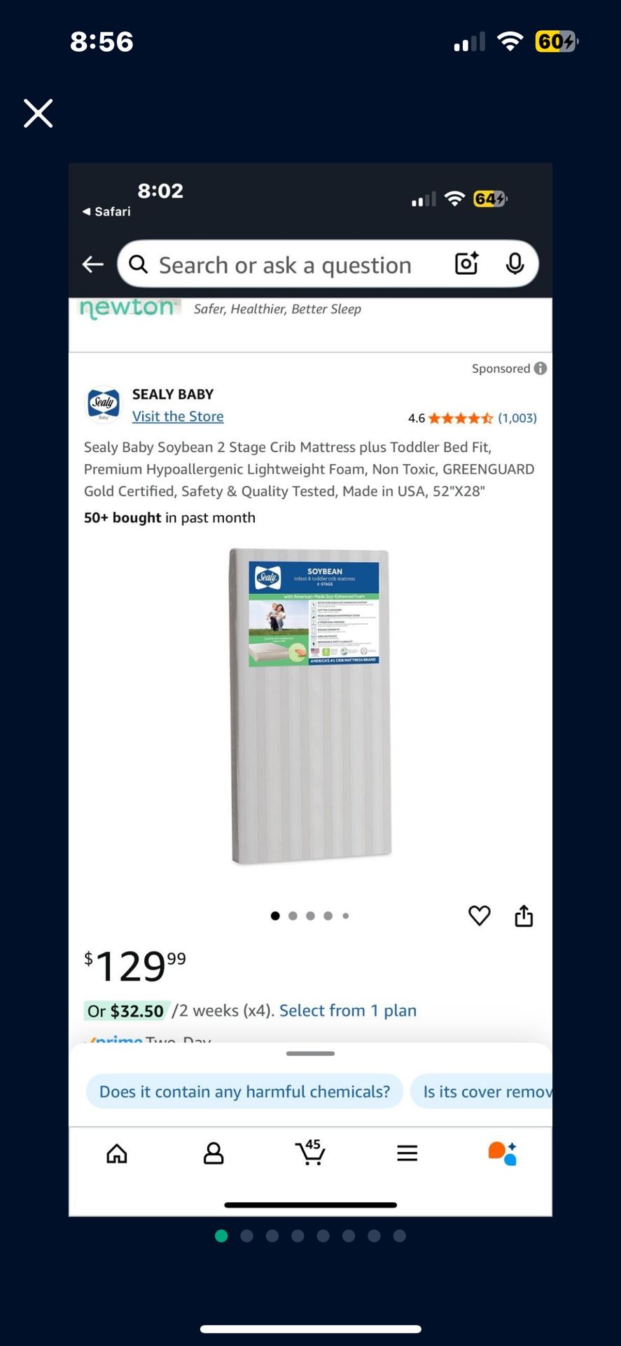 Sealy Baby Soybean 2 Stage Crib Mattress plus Toddler Bed Fit, Premium Hypoallergenic Lightweight Foam, Non Toxic, GREENGUARD Gold Certified, Safety &