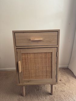Wood and Rattan Nightstand with Drawer