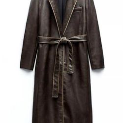 ZARA Women’s Faux Leather Long Trench Coat Brown Belted Size S Vegan Leather 