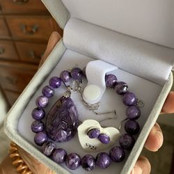 Good quality genuine charoite pendant bracelet earrings set in silver s925 