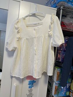 Cream Textured Ruffle Sleeve Button-Front Top