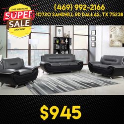 Black Grey Leather Living Room Sofa Set 3pc - Delivery And Financing Available 