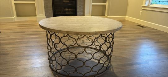 Round Stone Top Coffee Table with Metal Base