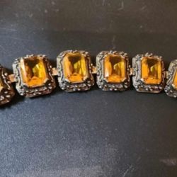 VINTAGE ART DECO ART NOUVEAU CZECH CZECHOSLOVAKIAN AMBER GLASS FILIGREE BEADED BRACELET