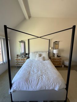 Queen Adjustable Bed Frame + Upholstered Canopy Bed – Excellent Condition