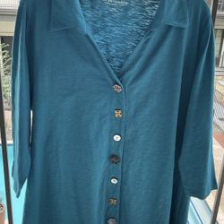 SOFT SURROUNDINGS Dark Turquoise Multi Buttons Cotton Tunic - SZ. L