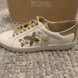Michael Kors Women's Lola white leather & gold flower embellished sneakers