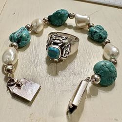 Sterling Silver Turquoise & Pearl Ring + Bracelet (Size 6 / 7”) 