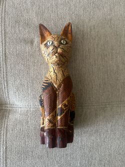 Vintage Indonesian Wooden Hand Carved Tall Cat Standing Statue