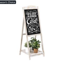 New MyGift Shabby Whitewashed Wood A-Frame Chalkboard Easel, 45" Freestanding Decorative Chalkboard Sign with Plant Shelf Stand