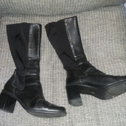 Nicole Qualify Women's Size 6.5M Black Block Heel Tall Leather Boots Elastic Calves

