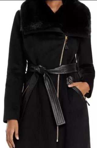 Via Spiga Kate Faux Leather & Fur Trim Belted Wool Blend Coat