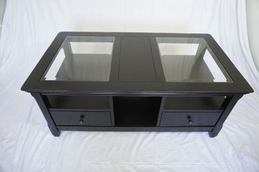 Modern Black Coffee Table – Glass Top, 2 Drawers, Freshly Refinished
