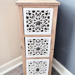 3-Drawer Accent Storage Cabinet – Wood + Carved Front