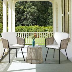 3-Piece Outdoor Metal Frame Wicker Bistro Set w/ 2 Chairs and Tempered Glass Top Side Table