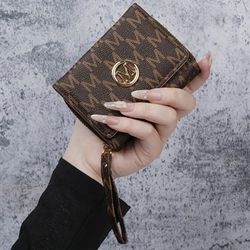 Women’s Fashion Short Wallet, PU Leather Bifold Wallet with Zipper Coin Pocket & Wrist Strap