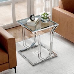 Silver Side Table, Modern End Table with Tempered Glass, Chrome Nightstand for Small Spaces, Living Room, Bedroom