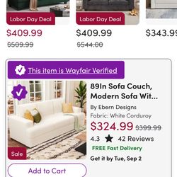 Couch, Offwhite, 89inch, Perfect Condition