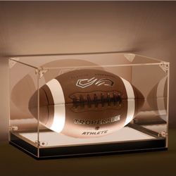 Football Display Case with LED Light, Thickened UV Protection Clear Acrylic Lid Football Holder for Full Size, Wooden Base Stand Cases for Autographed