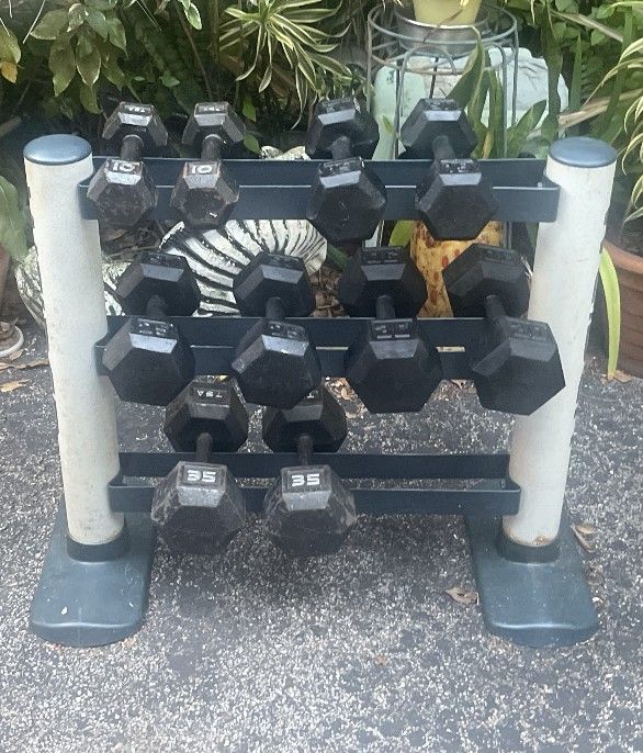 SET OF STEEL HEX DUMBBELLS & 3 TIER WEIDER DUMBBELL RACK (PAIRS OF) : 10s 15s 25s 30s 35s